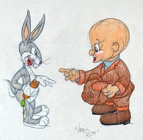 VIRGIL ROSS COLORED PENCIL DRAWING BUGS BUNNY AND ELMER FUDD CIRCA 1985
