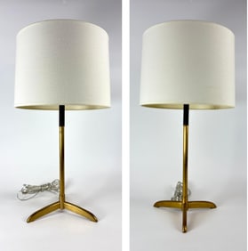 PAIR OF BRASS AND FAUX LEATHER ADJUSTABLE CANDLESTICK LAMPS 23 INCHES TO 27 INCHES GOLD