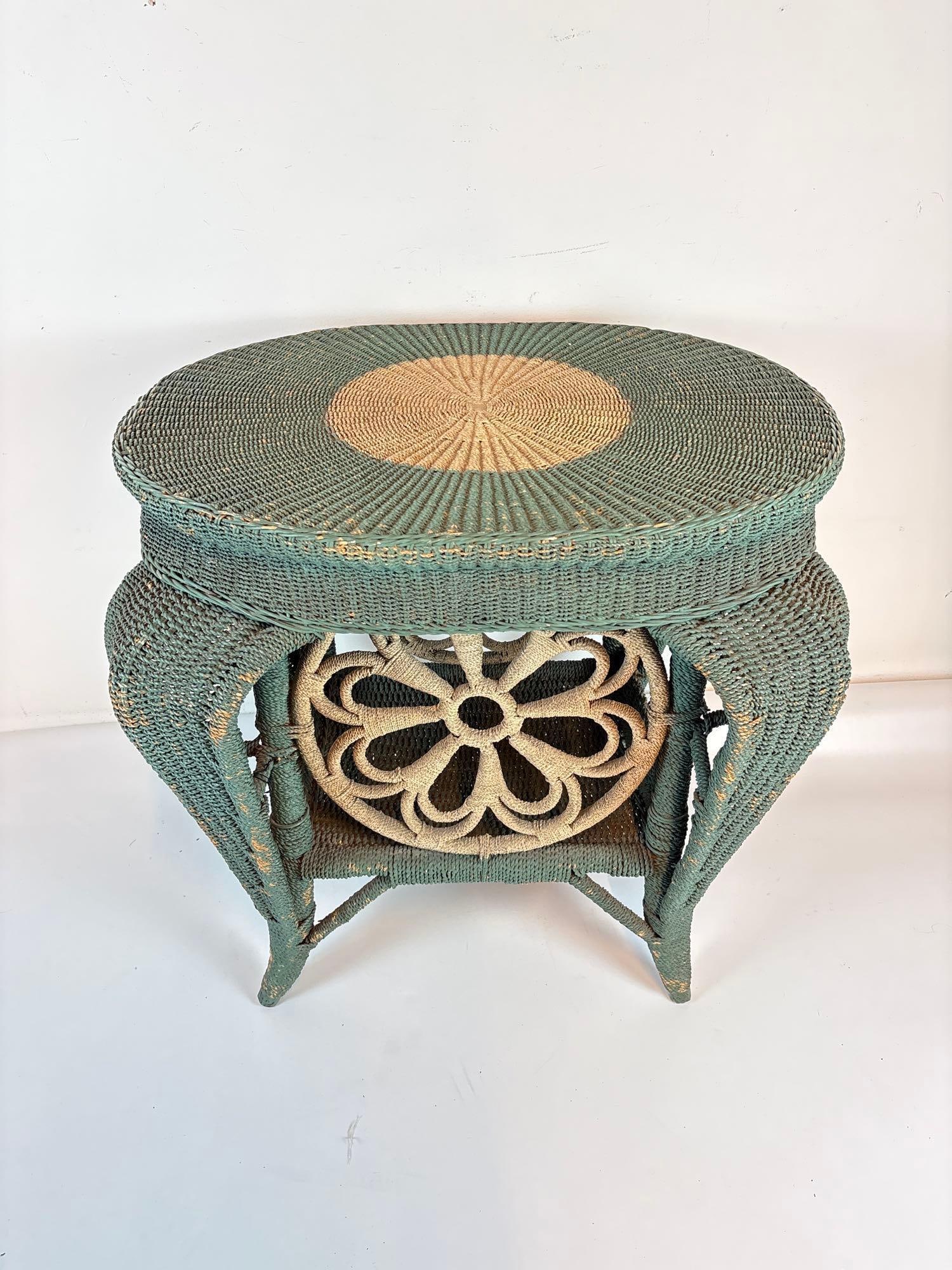 VICTORIAN WICKER END TABLE / DINING BASE GREEN/ TAN (1 of 9)