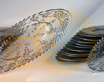 GLASS PLATES WITH HAND PAINTED GILT FLORENTINE PATTERN, ITALY