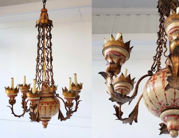 EXQUISITE LARGE ITALIAN TOLE AND GILT METAL SIX LITE CHANDELIER