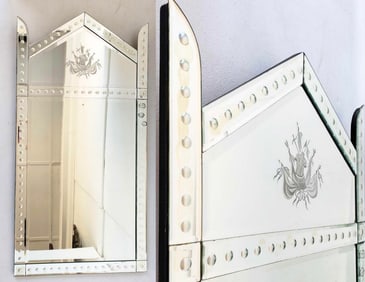 VINTAGE VENETIAN TALL MIRROR WITH ROMAN FLAG AND ARMOR TORSO NEOCLASSICAL MOTIF