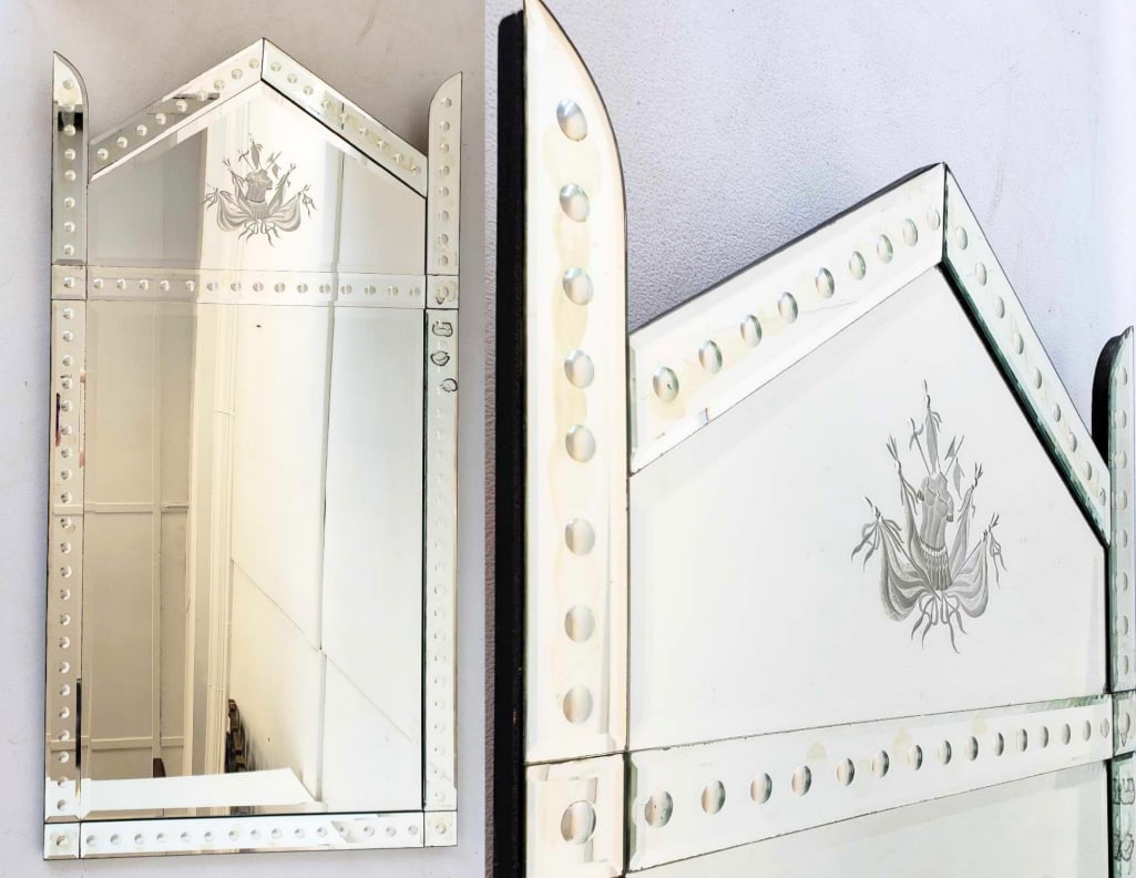 VINTAGE VENETIAN TALL MIRROR WITH ROMAN FLAG AND ARMOR TORSO NEOCLASSICAL MOTIF (1 of 11)