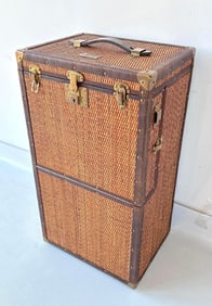 TALL WOVEN RATTAN AND LEATHER TRAVEL / PICNIC / BAR TRUNK BY STILES BROTHERS