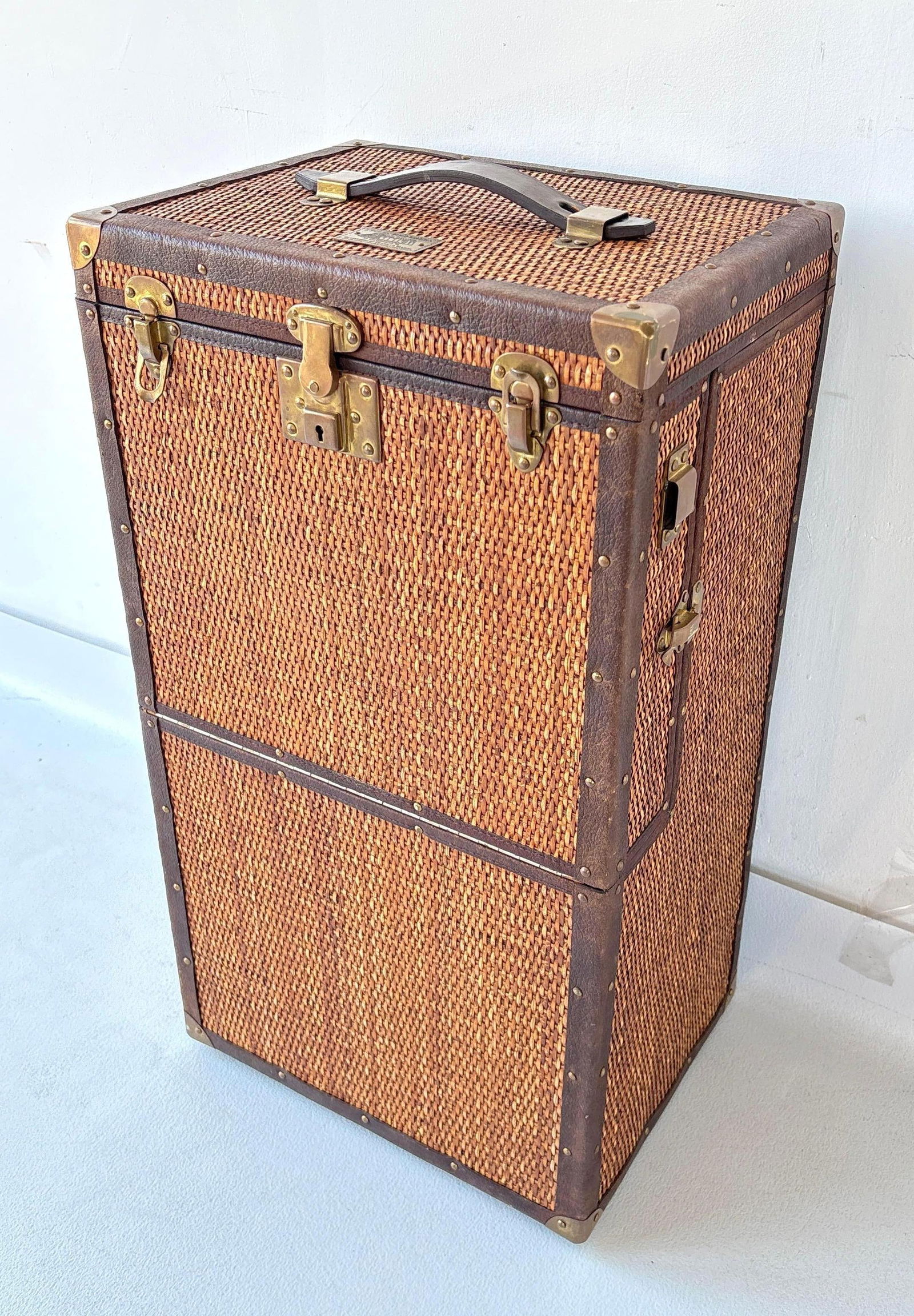 TALL WOVEN RATTAN AND LEATHER TRAVEL / PICNIC / BAR TRUNK BY STILES BROTHERS (1 of 12)