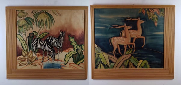 PAIR OF MID CENTURY / ART DECO ZEBRA AND GAZELLE WATER COLORS
