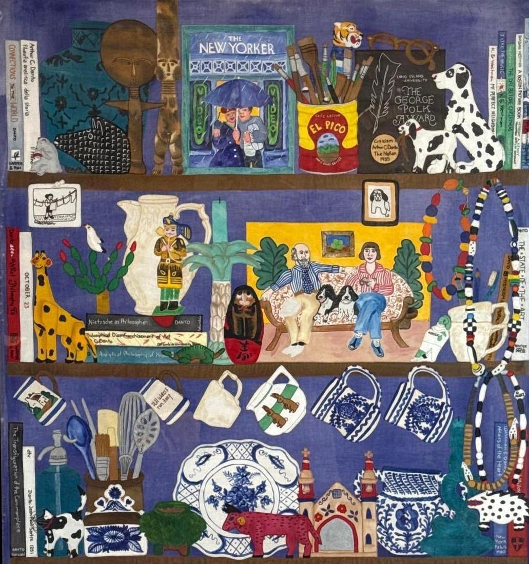 LYN LIDSKY EMBROIDERED TRIBUTE ART PIECE FOR ARTHUR DANTO AND BARBARA WESTMAN: A visual biography of a well known NYC intellectual couple. Dedicated in embroidered lettering "Lyn Lidsky made this is 1990-1991 for Barabara Westman and Arthur Danto" Dimensions: 33"X 30" Artist: Ly