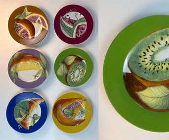 6 DESSERT FRUIT EXOTIQUES PLATES PHILIPPE DESHOULIERES, LIMOGES FRANCE