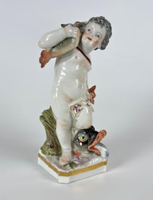 ANTIQUE PORCELAIN PUTTI CHERUB FIGURINE WITH FISH SAMSON, MEISSEN STYLE