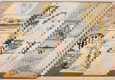 MIXED MEDIA COLLAGE ON BOARD JOE CAROFF ATTR.