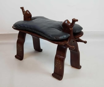 VINTAGE CARVED ROSEWOOD BRASS INLAID CAMEL SEAT