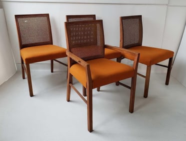GROUP OF FOUR DANISH MODERN CANED BACK MCM DINING CHAIRS IN THE MANNER OF RUD THYGESEN
