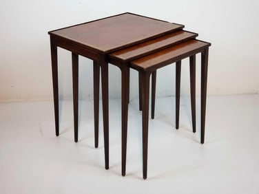 EXCEPTIONAL TRIO OF BAKER INLAID MAHOGANY LEATHER TOP NESTING TABLES