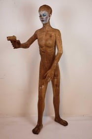 LIFE-SIZED CARVED WOOD GUN WIELDING WOODEN SCULPTURE | OUTSIDER ART | BALKENHOL STYLE