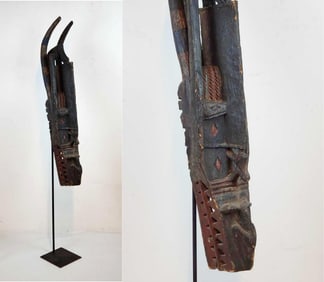 AFRICAN TRIBAL SENUFO KPONYUNGO "FIRE SPITTER" MASK MOUNTED ON FLOOR STAND