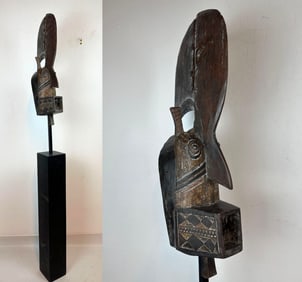 WEST AFRICAN TRIBAL BWA KOBIAY ROOSTER MASK MOUNTED ON PEDESTAL