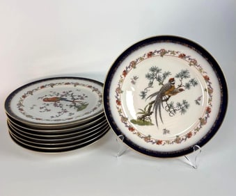 RARE HAND PAINTED ROSENTHAL COVERED CARTOUCHE "BAVARIA" EXOTIC BIRD PLATE SET OF 8 COBALT BLUE AND