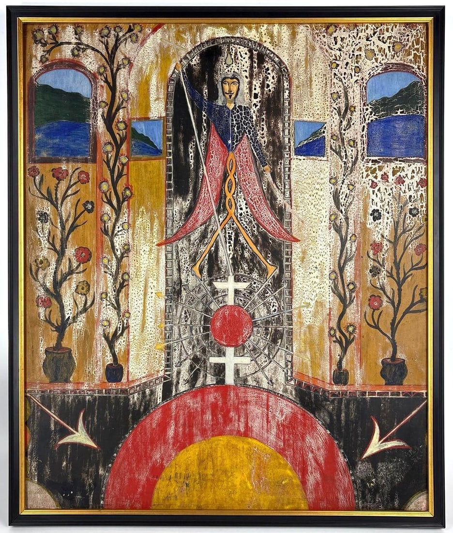 PREFETE DUFFAUT ORIGINAL OIL ON PANEL "LES CRE DE MAGIE PAZ", JACMEL HAITI, SIGNED: A grand figurative oil painting on panel featuring a central, crowned figure holding a spear, framed by two flowering trees in pots and two arched windows displaying landscape scenes, all rendered in