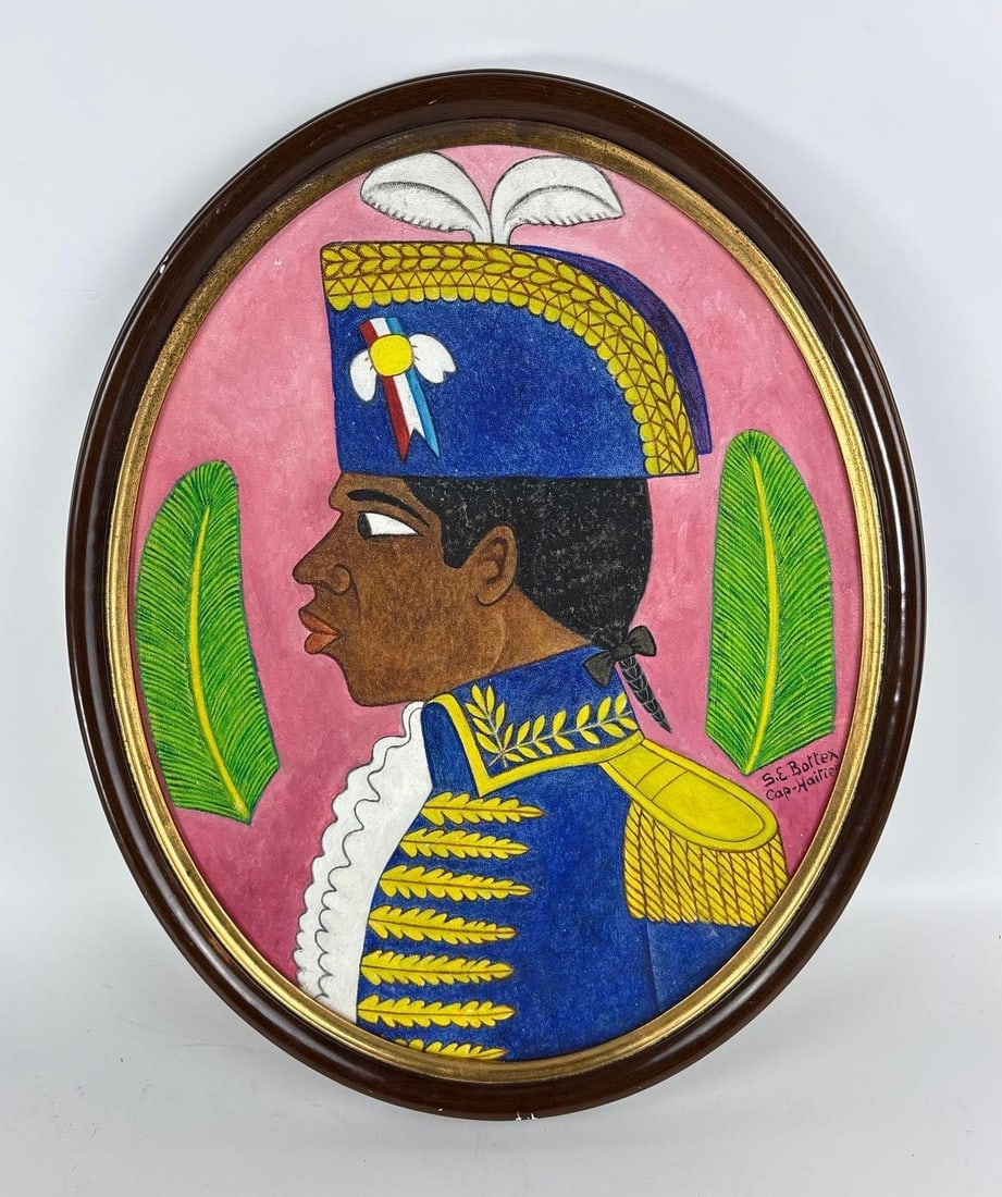 HAITIAN SEYMOUR ETIENNE BOTTEX IMAGE TOUSSAINT LOUVERTURE PAINTING: An oval military painting on board. Dimensions: 22" x 18" Artist: Seymour Etienne Bottex Provenance: A New York Collector Notes: Although care is taken to photograph and describe the item, abs