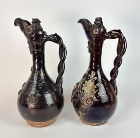 PAIR ANTIQUE TURKISH OTTOMAN ERA ÇANAKKALE POTTERY EWERS / CERAMIC JUGS