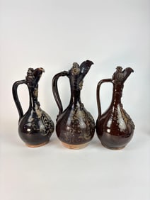 GROUP OF THREE, ANTIQUE TURKISH OTTOMAN POTTERY JUGS, CANAKKALE STYLE, BROWN GLAZE
