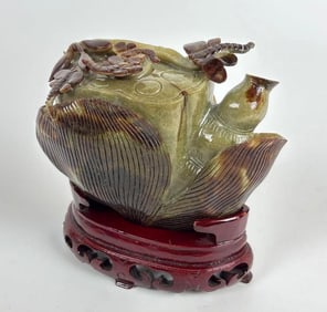 CHINESE CARVED STONE TEAPOT TEA POT LOTUS BLOSSOM AND DRAGONFLY DETAILS