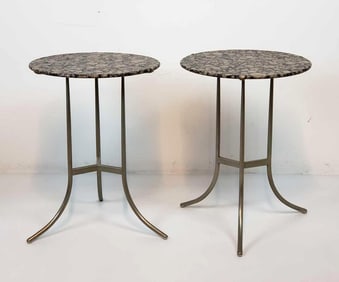 RARE PAIR OF CEDRIC HARTMAN NICKEL AND GRANITE SIDE TRIPOD TABLES MODEL AE
