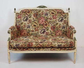 LOUIS XVI STYLE PAINT DECORATED TAPESTRY UPHOLSTERED SETTEE