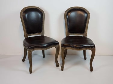 PAIR OF LOUIS XV STYLE LEATHER UPHOLSTERED SIDE CHAIRS | RESTORATION HARDWARE STYLE