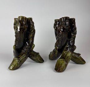 UNUSUAL PAIR OF MAJOLICA  VASES/CANDLE STICKS WOVEN TREE FORM