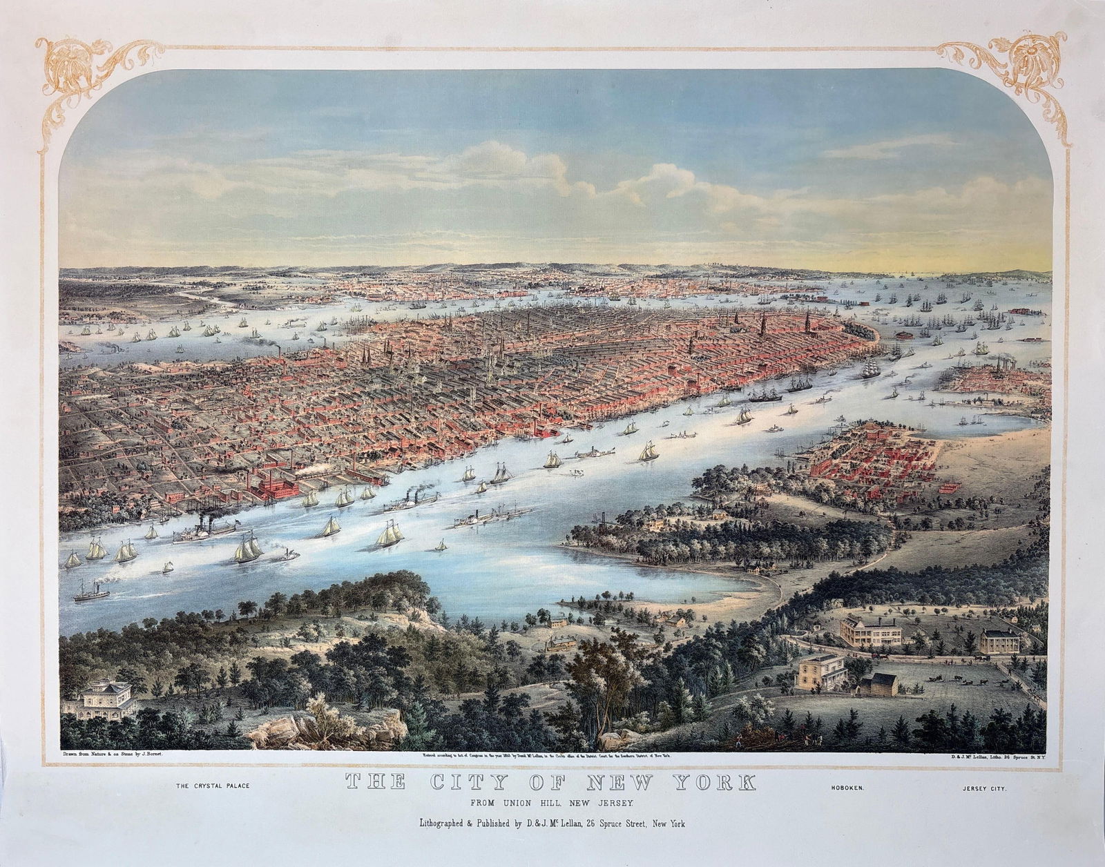 CONTEMPORARY LITHOGRAPH OF 'NEW YORK CITY FROM UNION HILL, NEW JERSEY' BY D & J.MCLELLAN (1 of 5)