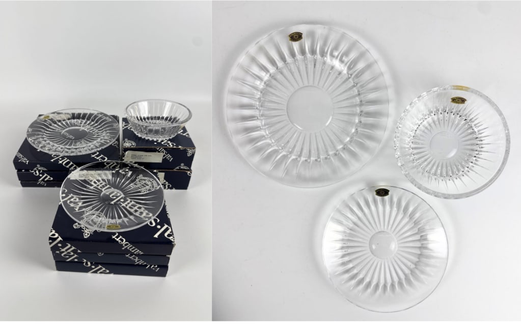 VAL SAINT LAMBERT BALMORAL CRYSTAL BOWL AND PLATE LOT 9 PIECES UNUSED (1 of 12)