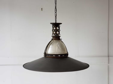 ANTIQUE INDUSTRIAL HALOPHANE STYLE FRENCH RAILWAY STATION BRASS AND METAL PENDANT FIXTURE WITH