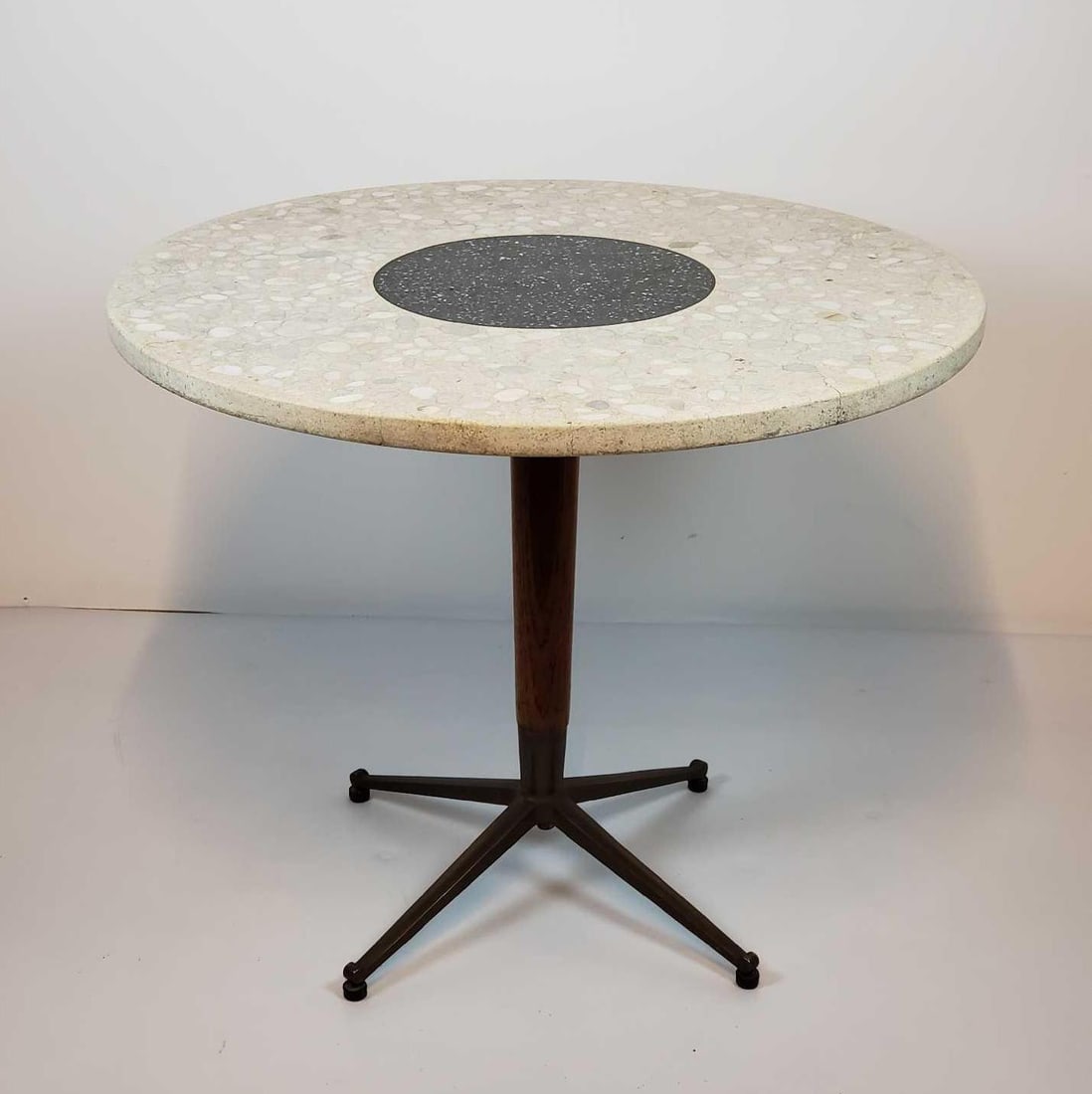 MID CENTURY MCM ITALIAN TERRAZZO TOP MAHOGANY AND BRASS PEDESTAL TABLE IN THE MANNER OF MELCHIORRE (1 of 15)