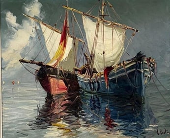 SIGNED TWO SHIPS AT ANCHOR  PAINTING MARITIME SEASCAPE