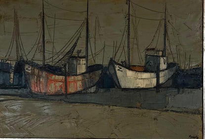 SIGNED VINTAGE BELGIAN  IMPASTO PAINTING "VISSERBOTEN KNOCKE" DOCK SCENE SEASCAPE