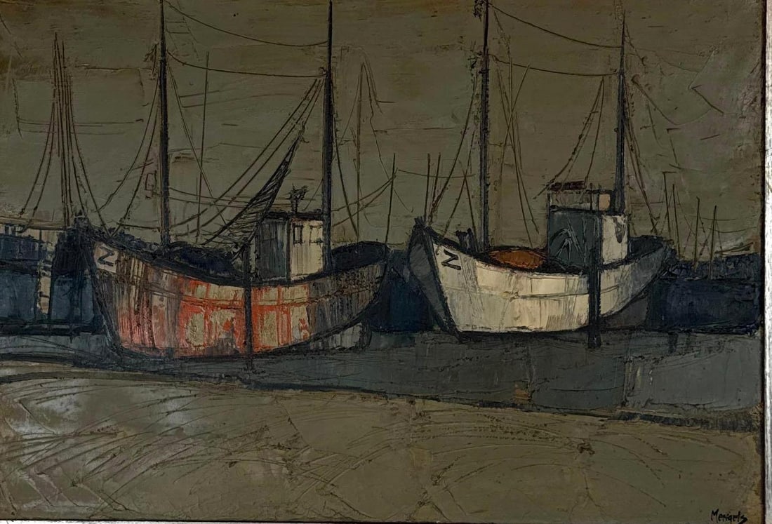 SIGNED VINTAGE BELGIAN IMPASTO PAINTING "VISSERBOTEN KNOCKE" DOCK SCENE SEASCAPE: A dockside painting Marked Vissersboten Knocke Dimensions: 21” x 31” Artist: Unknown Provenance: A New York Collector Notes: Although care is taken to photograph and describe the ite