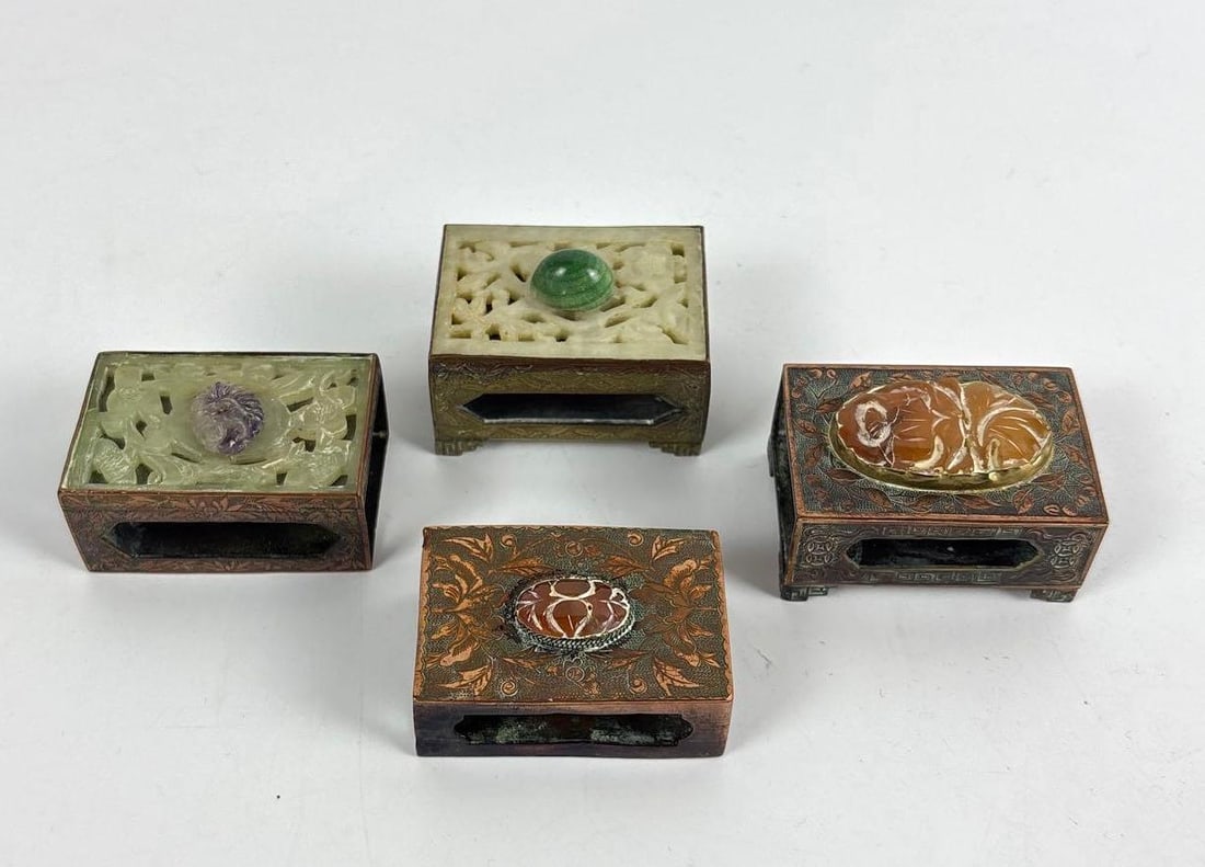LOT OF 4: ANTIQUE CHINESE EXPORT MATCHBOX COVERS, CARVED JADE & AGATE STONE INLAY (1 of 6)