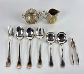 CHRISTOFLE SILVERWARE HOLLOWARE SILVER PLATE LOT INCL. SUGAR BOWL AND CREAMER AND NUTCRACKER