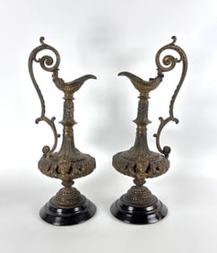 ORNATE PAIR OF ROCCOCO REVIVAL BRASS EWERS / DECORATIVE OIL LAMPS