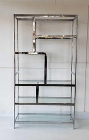 VINTAGE  MILO BAUGHMAN STYLE MODERN CHROME ETAGERE WITH GLASS SHELVES