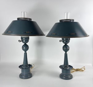 RARE PAIR VINTAGE TOLEWARE TABLE LAMPS WITH HAND-PAINTED SHADES | ELECTRIC OIL LAMP STYLE