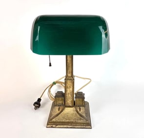 ANTIQUE EMERALITE STYLE BANKER'S LAMP W/ GREEN GLASS SHADE AND DOUBLE INKWELLS