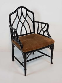 VINTAGE BLACK LACQUER CHINESE CHIPPENDALE FAUX BAMBOO HOLLYWOOD REGENCY SUEDE UPHOLSTERED ARM CHAIR