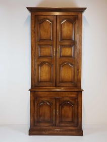 VINTAGE FRENCH PROVINCIAL RAISED PANEL CABINET, TWO-PIECE STEP-BACK HUTCH, DISTRESSED WALNUT FINISH