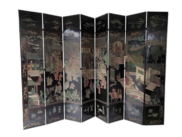 EXCEPTIONAL MONUMENTAL 19TH CENTURY CHINESE COROMANDEL LACQUER FIGURE-IN-PAVILION EIGHT-PANEL SCREEN