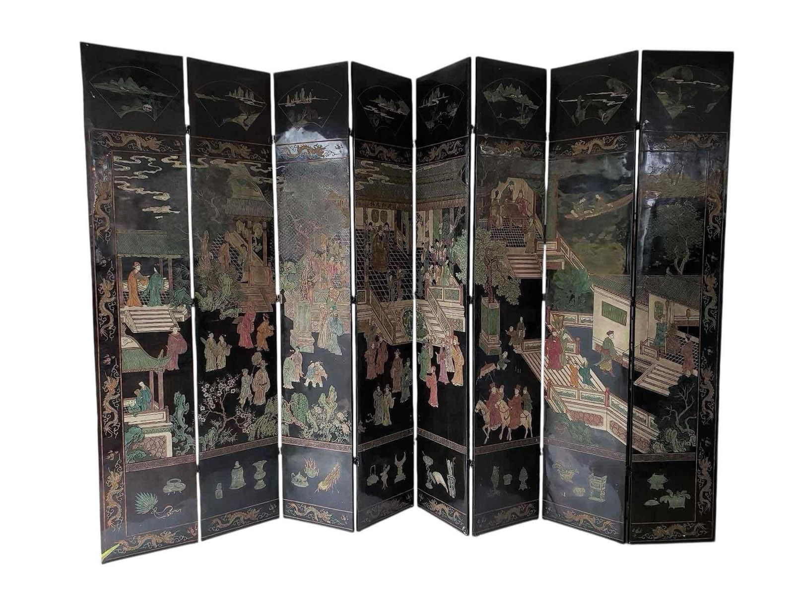EXCEPTIONAL MONUMENTAL 19TH CENTURY CHINESE COROMANDEL LACQUER FIGURE-IN-PAVILION EIGHT-PANEL SCREEN (1 of 20)