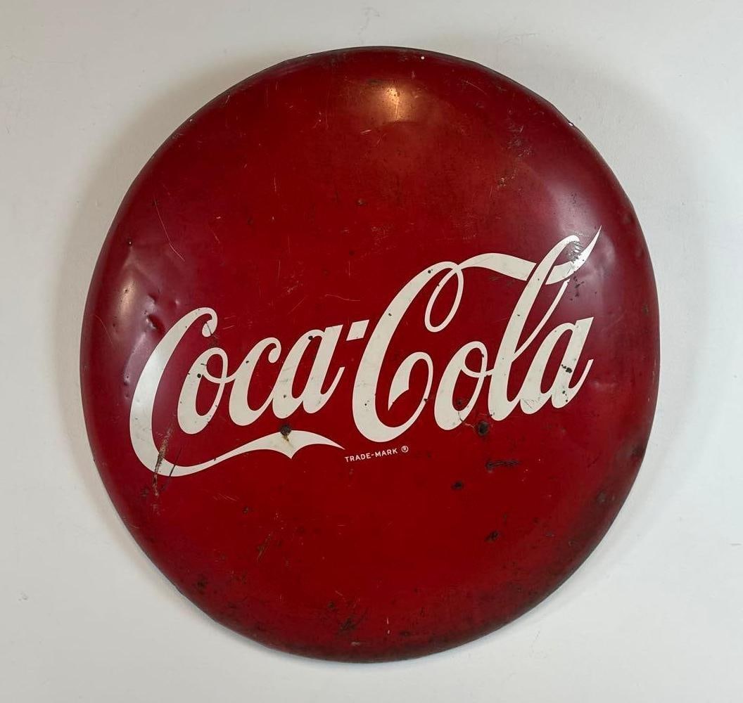 RARE HUGE ORIGINAL 1950S COCA-COLA PORCELAIN ENAMEL BUTTON SIGN - 3 FT DIAMETER COKE ADVERTISING (1 of 4)