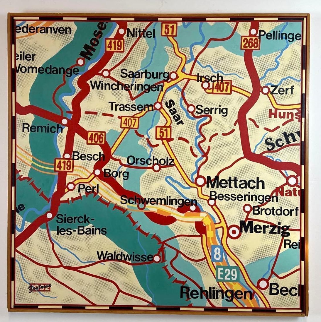 ALLEN ZENTMAN ATTR. ORIGINAL FRAMED MAP OF WINE REGION PAINTING 1992 POP ART: The painted map features towns in the Saar-Mosel region of Germany and Luxembourg (including Saarburg, Merzig, Remich, Perl, and rivers Saar and Mosel), which is famous for its wine production. Dimen