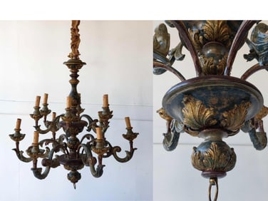 VINTAGE 12 LITE CARVED WOOD AND METAL POLYCHROME ITALIAN CHANDELIER (POSSIBLY HORCHOW)